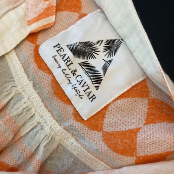 PEARL & CAVIAR Zakar Cotton 3/4 Sleeve Peach and Cream Greek Santorini Dress - Picture 7 of 8